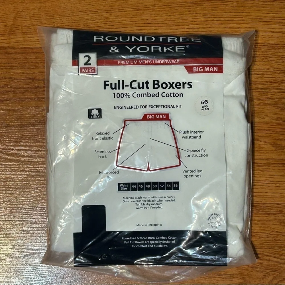 Roundtree & Yorke Boxers Big Man Size 56 Full-Cut 100% Combed Cotton White NEW